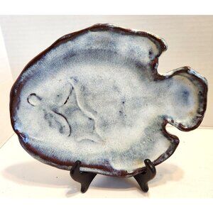 Handcrafted Ceramic Fish-Shaped Plate with Glazed White Brown Finish Signed READ